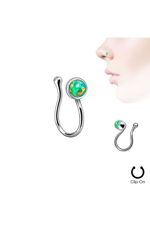 Fake Non-Piercing Nose Clip - Rhodium Plated with Bezel-Set Opalite - Sold Each