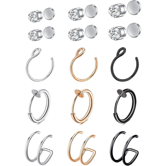 Fake Nose Ring Hoop Fake Nose Stud Magnetic Septum Nose Ring Stud Stainless Steel CZ Fake Nose Piercing Stud Faux Nose Ear Lip Cuffs Non Pierced Jewelry for Women Men