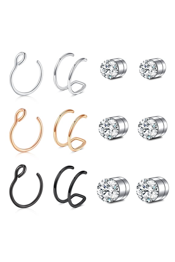 Stainless Steel Faux Fake Nose Ring Set with Piercing Jewelry, 12 Pack