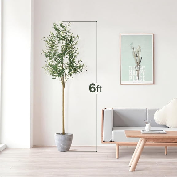 Fake Olive Tree Artificial Indoor, Potted Faux Olive Trees with Natural Wood Trunk & Lifelike Fruits for Home Office Decor (6ft)