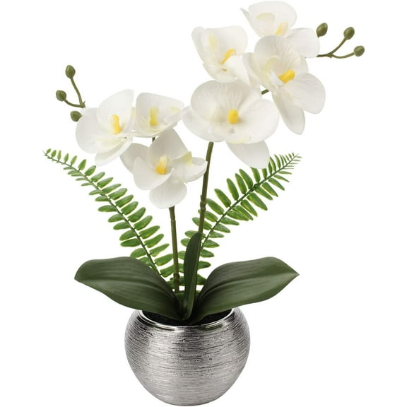 Fake Orchid Flowers 13'' White Orchids Artificial Flowers with Silver Ceramic Vase Faux Orchid for Home Office Decor Indoor