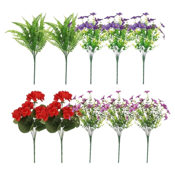 Fake Outdoor Plants, Artificial Petunia And Ferns for Porch Garden, No-Fade Greenery for Backyard, Wedding Table Decorations for Reception, 10 Artificial Flowers