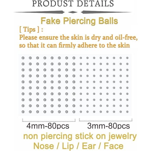 Fake Piercings - Face, Nose, Lip, Eyebrow & Septum Rings & Studs - Stick On Face Gems & Hair Jewels 2-sticky steel balls- silver