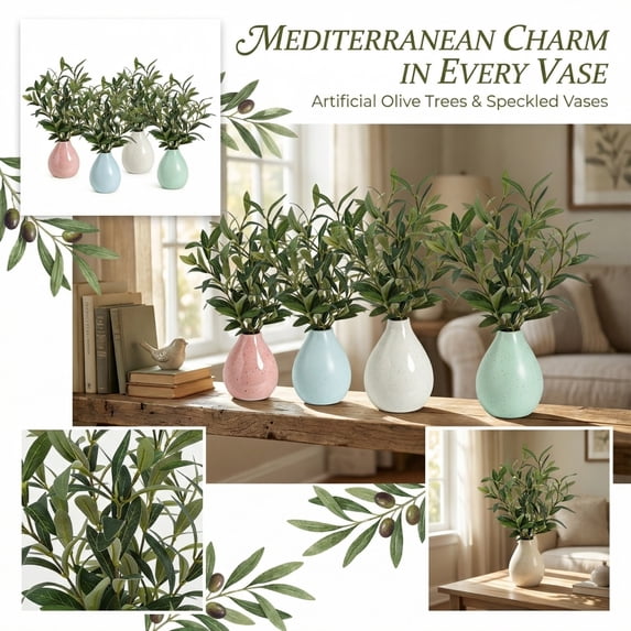 Fake Plant Decor, Faux Olive Branches, Plant Vase Indoor, 14 in Vase with Greenery, 12 Single Artificial Olive Leaf Stems Paired with A Speckled Ceramic Vase for Seamless Indoor