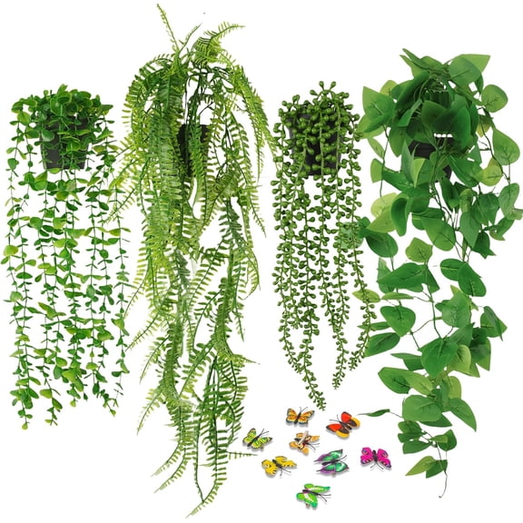 Fake Plants 4 Pack Artificial Hanging Plants, Fake Potted Greenery Faux Eucalyptus, Boston Fern, String of Pearls, Pothos for Living Room Bedroom Boho Wall Shelf Indoor Outdoor Decor