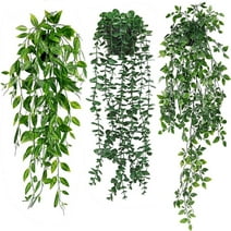 Fake Plants Artificial Indoor Faux Hanging Plants Greenery Eucalyptus Green Décor 3 pack for Home Bathroom Farmhouse Room Shelf