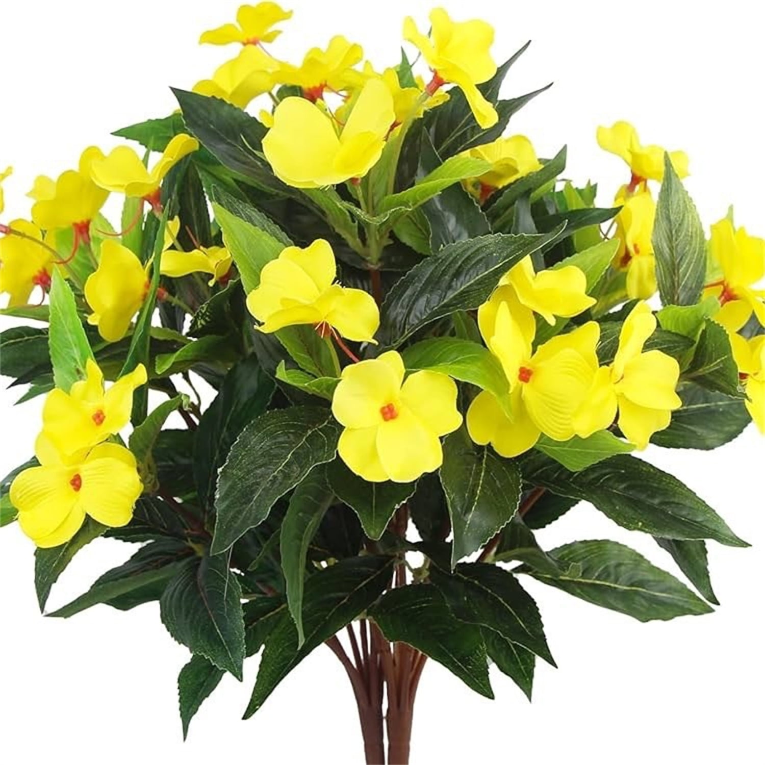 Fake Plants Fake Flowers Spring Decorations for Home Silk Impatiens Bouquet Flowers Artificial Flowers Impatiens Plants Fake Impatiens for Indoor Outdoor Balcony Decorations,4 Pcs Yellow