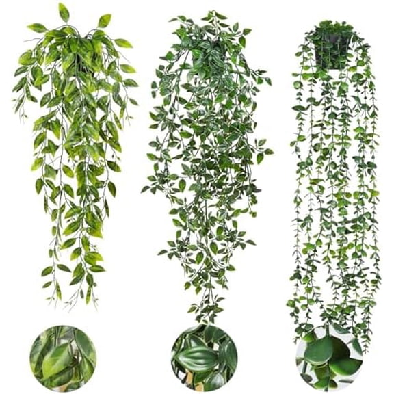 Fake Plants Hanging with Pots 3 Pack Artificial Ivy Vine Fake Potted Plants Artificia Eucalyptus Plants Mandala Ivy Vine Leaves Pea Pod Shelf Plants for Home Room Wall Indoor Outdoor Decor