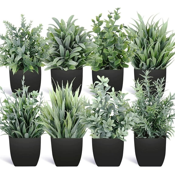 Fake Plants Mini Potted Artificial Plants, 8 Pack Artificial Eucalyptus Plants Small Houseplants Greenery in Black Round Pot, Small Faux Plants Decor for Home Bathroom Office Farmhouse Desk Shelf