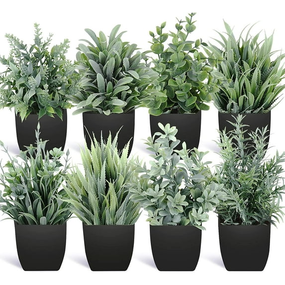 Fake Plants Mini Potted Artificial Plants, 8 Pack Artificial Eucalyptus Plants Small Houseplants Greenery in Black Round Pot, Small Faux Plants Decor for Home Bathroom Office Farmhouse Desk Shelf