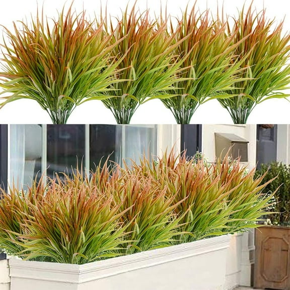 Fake Plants Outdoor Artificial Grass Plastic Plants UV Resistant Greenery (8 Pcs, Orange)
