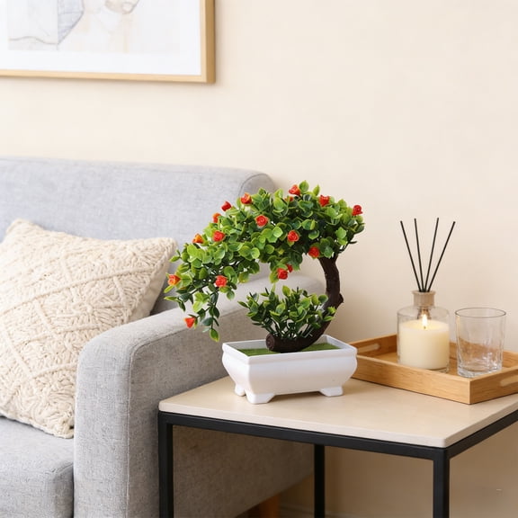 Fake Plants Small Artificial Bonsai Tree with Flower for Home Decor Living Room Bathroom Bookshelf Entryway Table Wall Shelf Modern Farmhouse Home Decor Office Desk Decoration