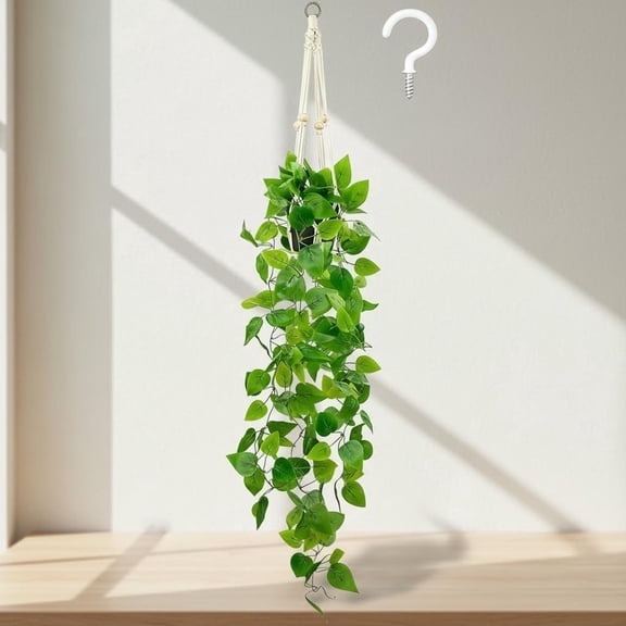 Fake Pothos in Rope - Hanging Pot, Artificial Pothos Plants for Home Decor Indoor Macrame Plant Hanger with Faux Vine Hanging Planter Greenery