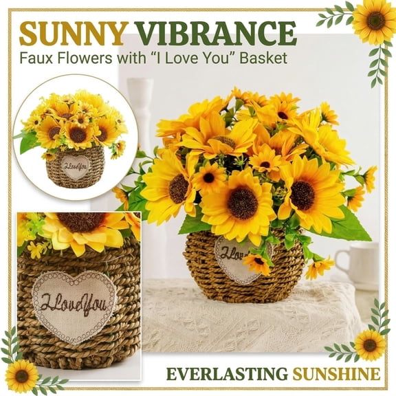 Yellow Artificial Sunflower Decorations, Woven Basket Table Flowers Centerpieces, Silk FlowersforHome Decor Indoor, 1 Set
