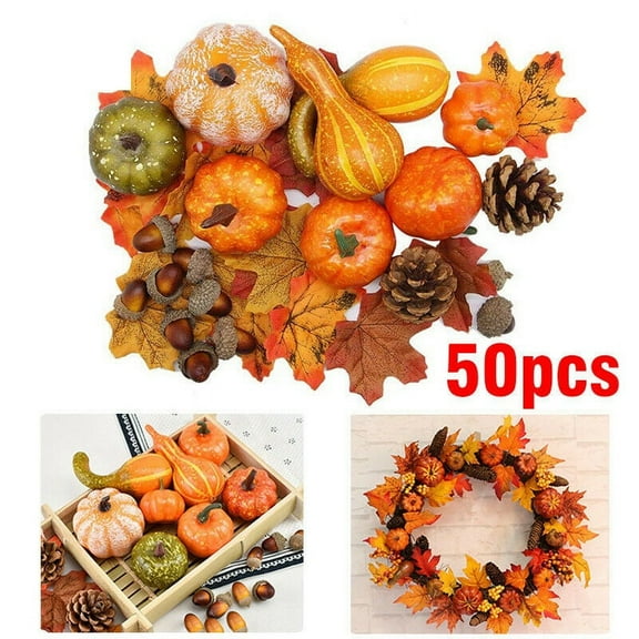 Fake Pumpkins Fall Decor, Pumpkins Harvest Maple Leaves Pine Cones Acorns, for Halloween Thanksgiving Decorations by Stuffygreenus (50 PCS)