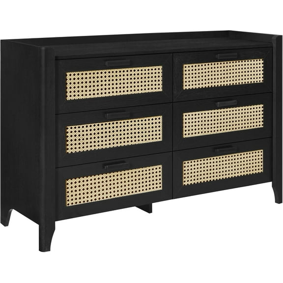 Fake Rattan 6 Drawer Dresser for Bedroom, 47.3″ W Modern Wide Chest of Drawers, Wood Storage Organizer for Clothes, Entryway, Hallway, Nursery or Living Room, Black