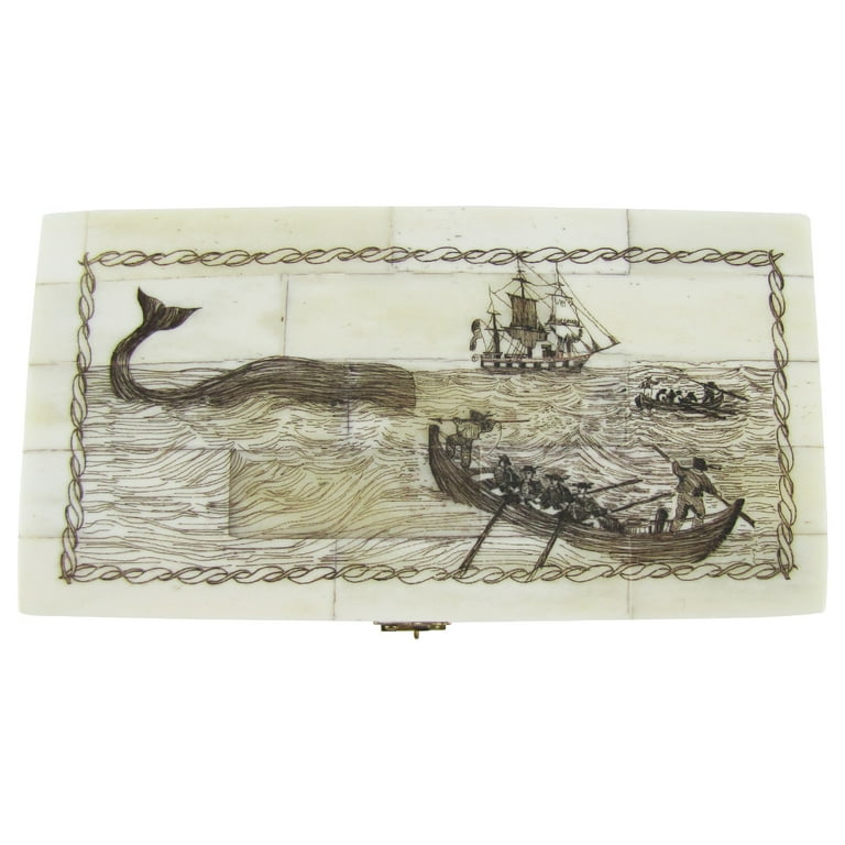 Etched Scrimshaw Art Whaling Ship Jewelry Box Chest Etched Scrimshaw Art Whaling Ship Jewelry Box Chest