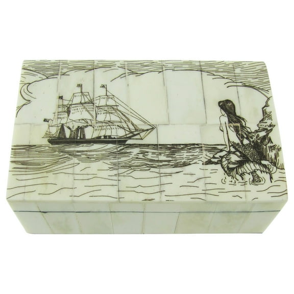 Fake Reproduction Scrimshaw Art Bone Mermaid Nautical Jewelry Box Treasure Chest