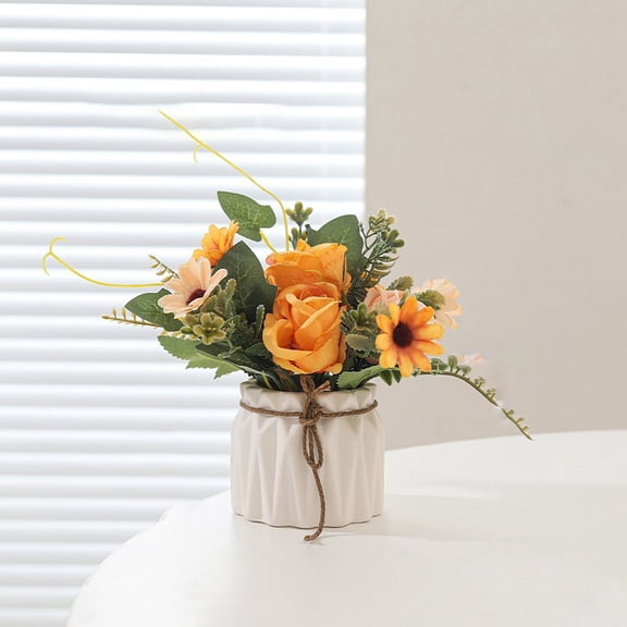 Fake Rose with Pot, Mini Rose Artificial Flowers Artificial Plant in Ceramic Vase for Office Desktop Decorations (Orange)