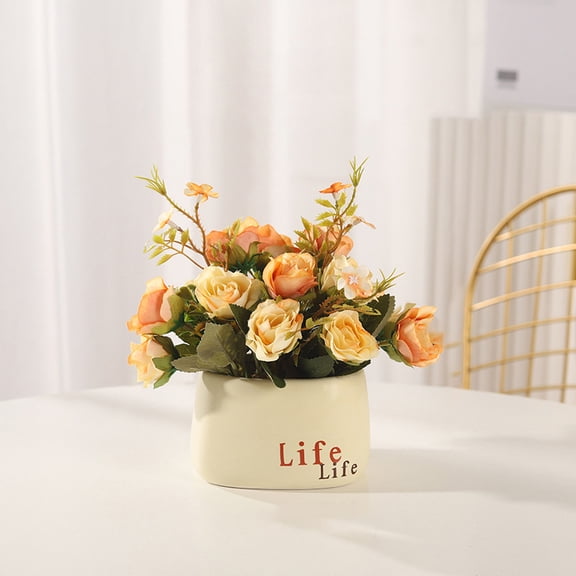 Fake Rose with Pot, Mini Rose Artificial Flowers Artificial Plant in Ceramic Vase for Office Desktop Decorations (Orange)