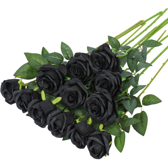 Fake Roses Artificial Silk Flowers - 12 Pcs Black Roses Artificial Faux Flowers with Stems for Home Wedding Centerpiece Hotel Office Decor