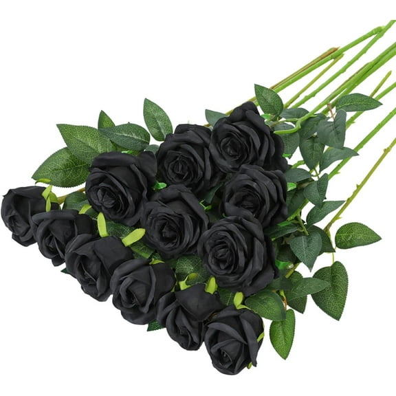 Fake Roses Artificial Silk Flowers - Black Roses Artificial Faux Flowers with Stems for Home Wedding Centerpiece Hotel Office Decor