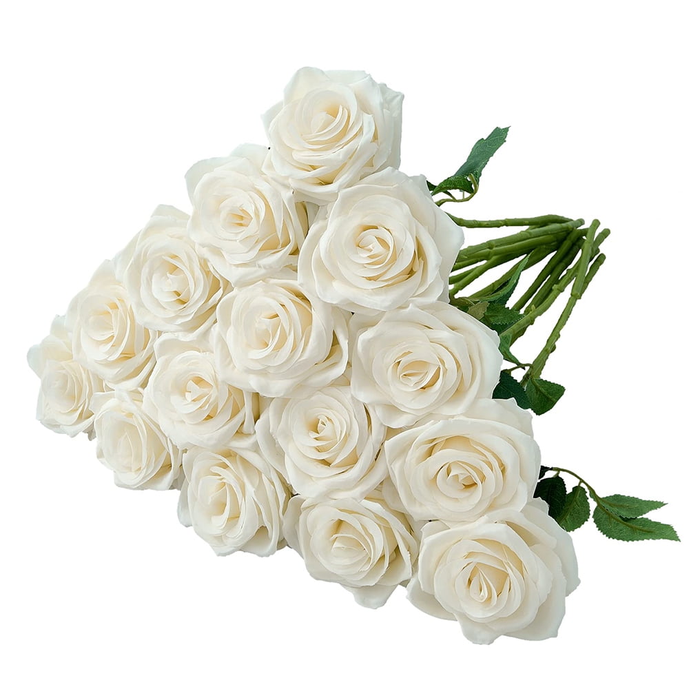 34 White Roses Fake Roses Artificial White Rose Flowers - 15 Pcs Roses Artificial Faux ...