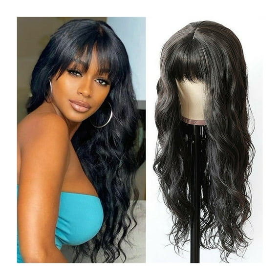 Fake Scalp Wigs with Bangs, Body Wave Brazilian Human Hair Wigs with Bangs 8-24 Inch Natural Top Scalp Human Fringe Wigs for Women