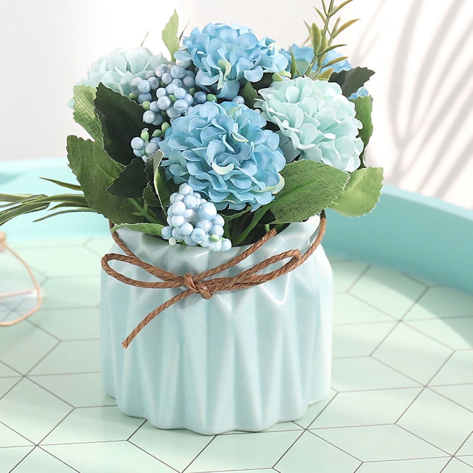 Fake Silk Flowers Arrangement in Vase,Artificial Hydrangea Bouquet with Small Ceramic Vase for Decoration Home Office Table Wedding[Blue]