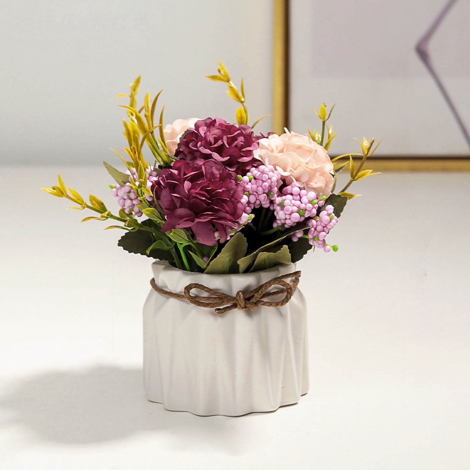 Fake Silk Flowers Arrangement in Vase,Artificial Hydrangea Bouquet with Small Ceramic Vase for Decoration Home Office Table Wedding[White]