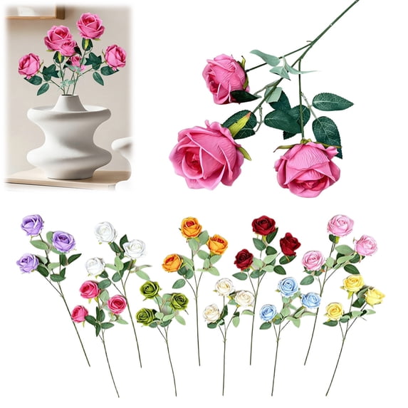 Fake Silk Rose Bloom Flower, Durable Lifelike 3-Headed Rose Head for Wedding Arrangements Banquet Table Centerpieces Fireplace Mantel Home Hotel Decor
