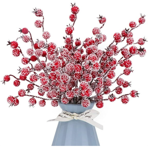 Fake Snowy Pomegranate Branches,Artificial Winter Floral Arrangements,Red Berry Picks Stems,Sparkle Holly Berry Branches,for Indoor Outdoor Home Decorations (12 Pcs)
