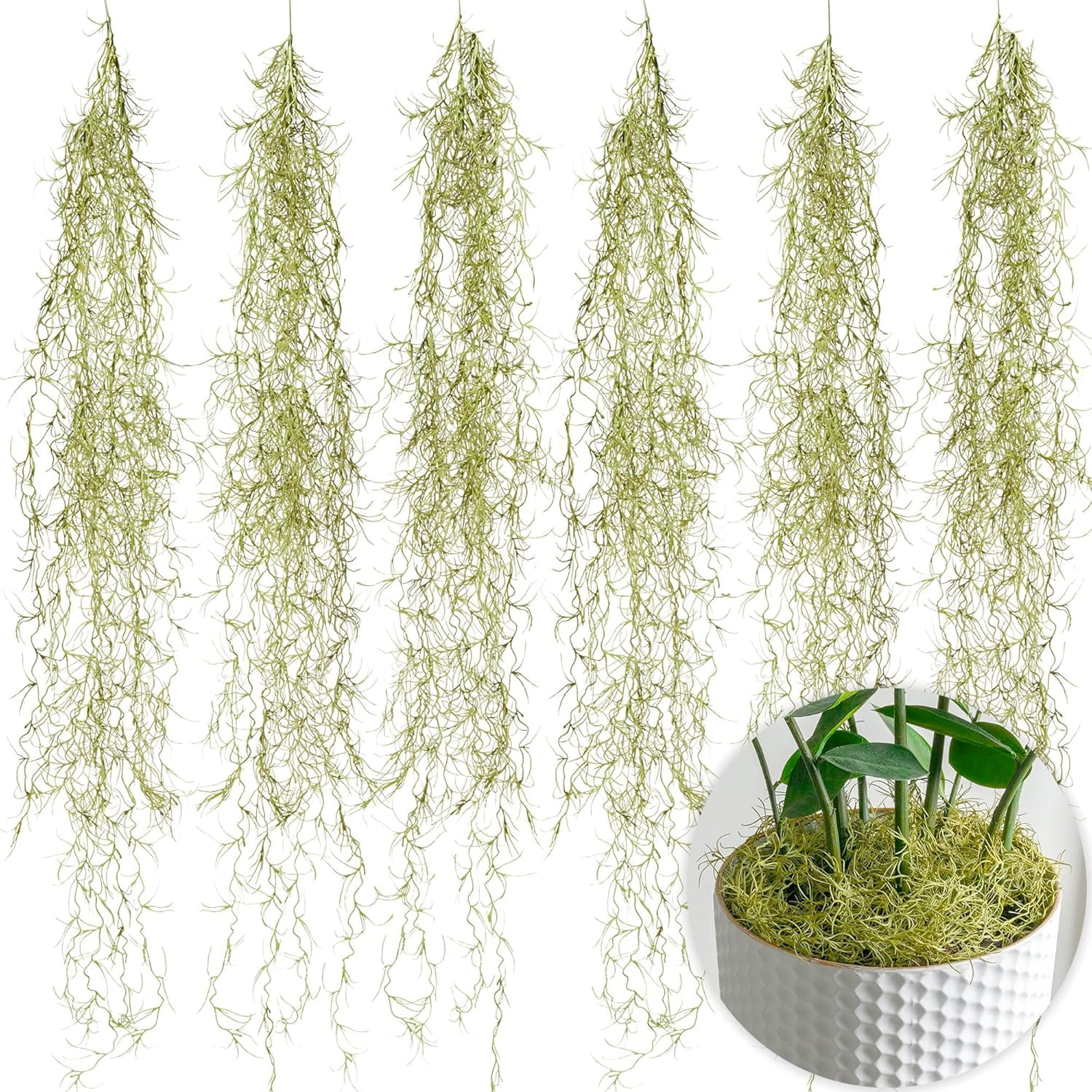 Fake Spanish Moss (6 Pack, 33" Long) – Realistic Artificial Hanging Moss for Terrariums, DIY Crafts & Faux Decor, Easter Basket Stuffers
