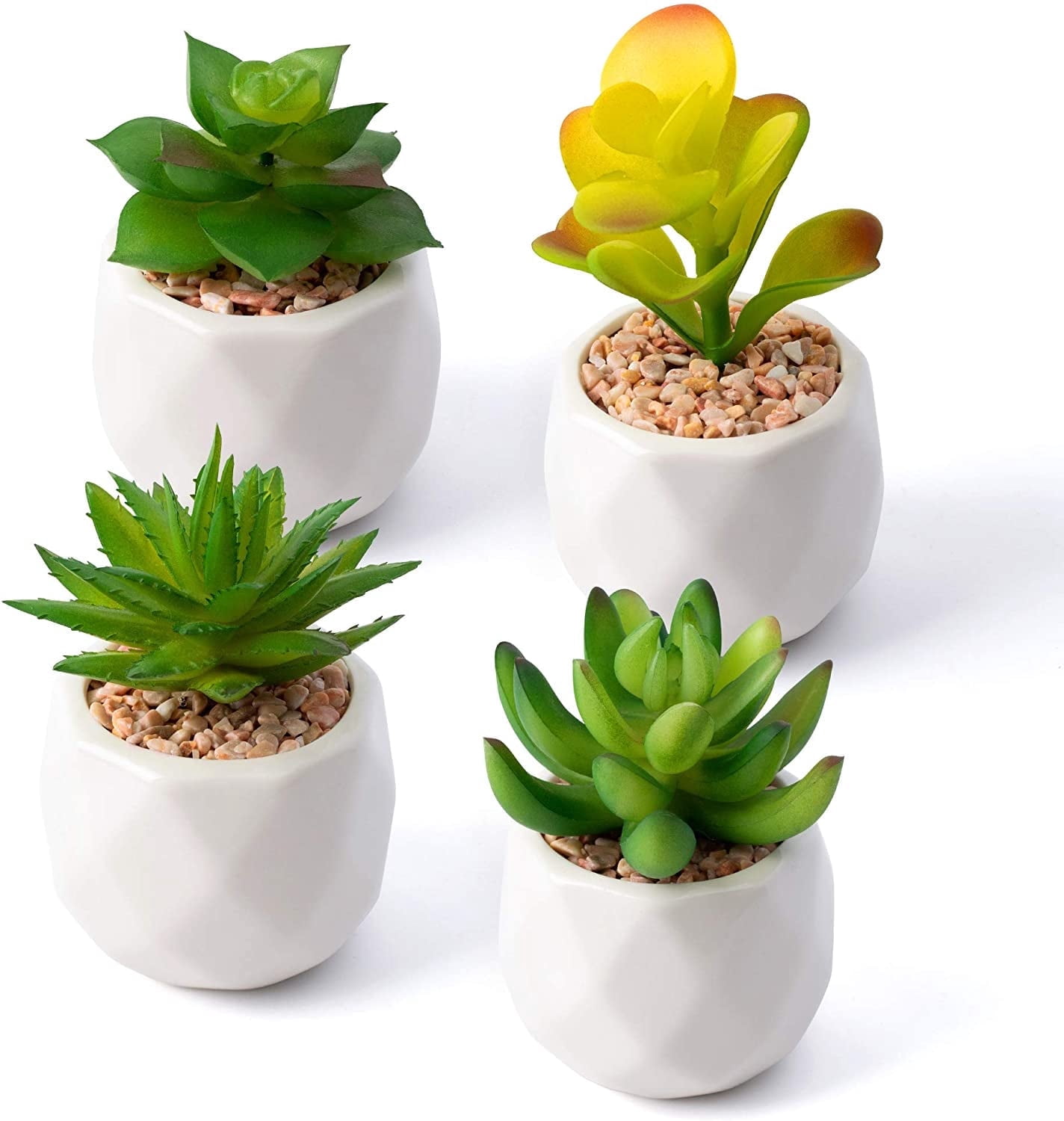 Mocoosy Fake Succulent Set, 4 Pack Mini Artificial Succulent Plants in Pots, Small Fake Plants with White Ceramic Planter Pots, Faux Succulents Plants Potted for Home Office Bedroom Decorations