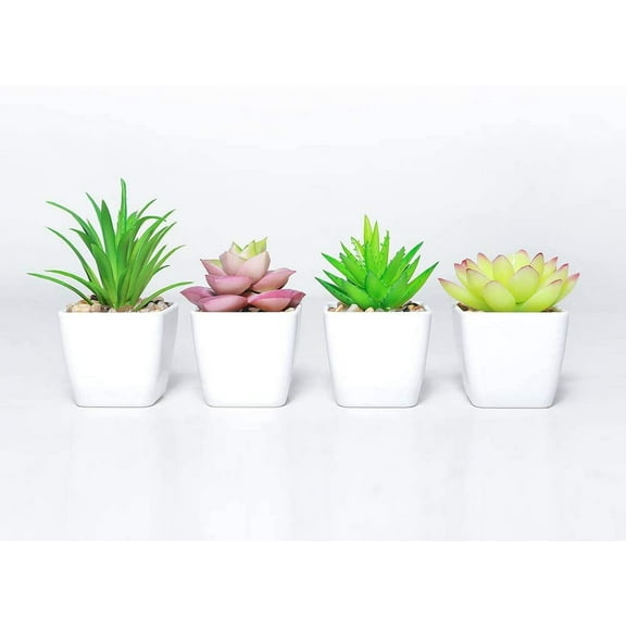Fake Succulents Plants Artificial Potted Faux Plant in Mini Square White Pots for Home Office Bathroom Desk Shelf Decor Set of 4(Green)
