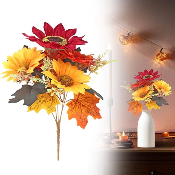 Fake Sunflowers, Thanksgiving Halloween Bouquet Decoration, Fall Artificial Flowers Bouquet, Autumn Harvest Centerpiece for Home Indoor and Party Decor
