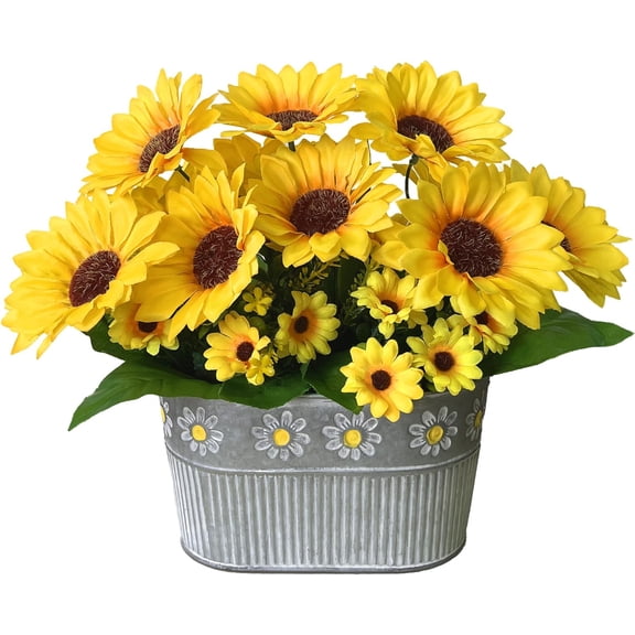 Artificial Flowers Fake Sunflowers in Pot, Faux Silk Flowers Floral Table Centerpiece Decoration, Rustic Potted Greenery for Farmhouse Home Dcor