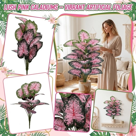 Fake Tropical Plants, Pink Office Decor Soft Energizing Accent for Dull Work Cubicles, Pink Table Decor Compact Full Foliage Arrangement for Counter Tops, Red and Pink Birthday