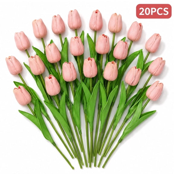 PU Faux Tulip Stems Artificial Flower Arrangements, 13 inch, Light Pink, 20-piece