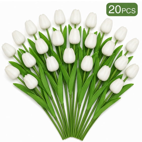 Fake Tulips, 20Pcs Tulips Artificial Flowers, 13 Inch PU Faux Tulips Stems for Dining Table Kitchen Island Home Wedding Office Decoration (White)