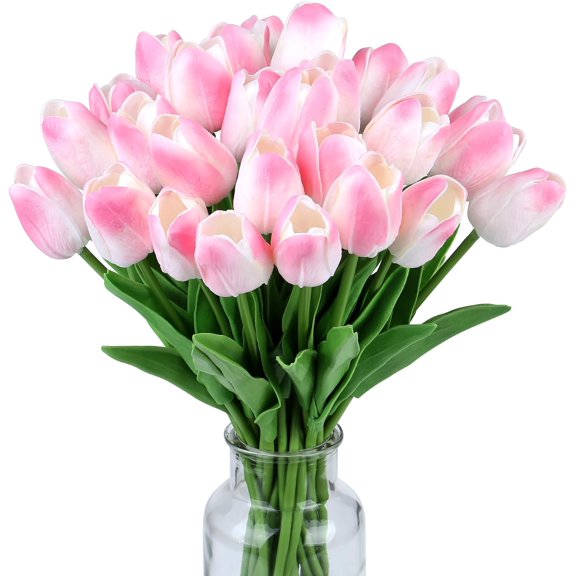 Fake Tulips Artificial Flowers Real Touch Pink " Silk Flower for Home Kitchen Decor Mother's Day Spring Easter Wedding Bouquet Decorations Office Floral Arrangements(Light Pink)
