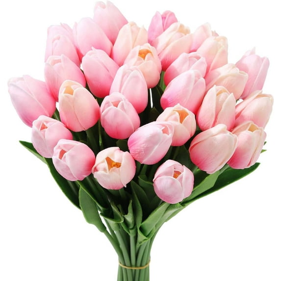 Fake Tulips Artificial Flowers with Stems 24pcs Latex Real Touch Faux Tulips Arrangement Bouquet for Home Kitchen Wedding Decorations (Pink)