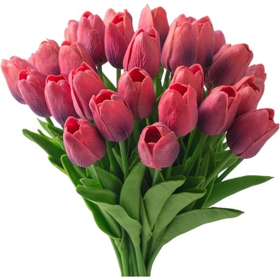 Fake Tulips Artificial Flowers with Stems 24pcs Latex Real Touch Faux Tulips Arrangement Bouquet for Home Kitchen Wedding Decorations (Pink)