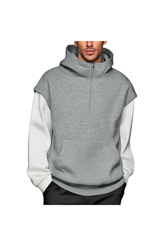 Fake-Two-Piece Hoodies for Men with Zipper and Pocket Long Sleeve Sweatshirts Mens Casual Color Block Loose Pullover Going-Out Streetwear Hoodie Tops