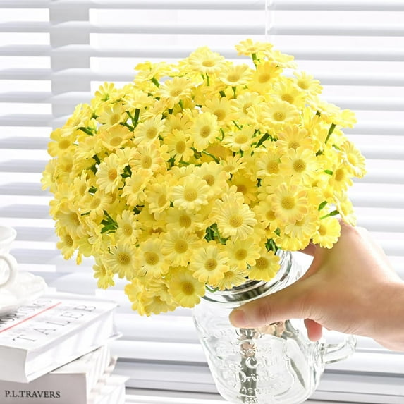 Fake White Flowers, 4 Bouquet/Daisy Flowers Artificial, 0 Inch Fake Daisies Outdoor Plants, Spring Wild Flowers for Wedding Daisy Party Decorations (White)