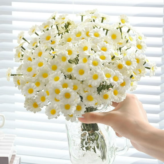 Fake White Flowers, 4 Bouquet/Daisy Flowers Artificial, 0 Inch Fake Daisies Outdoor Plants, Spring Wild Flowers for Wedding Daisy Party Decorations (White)