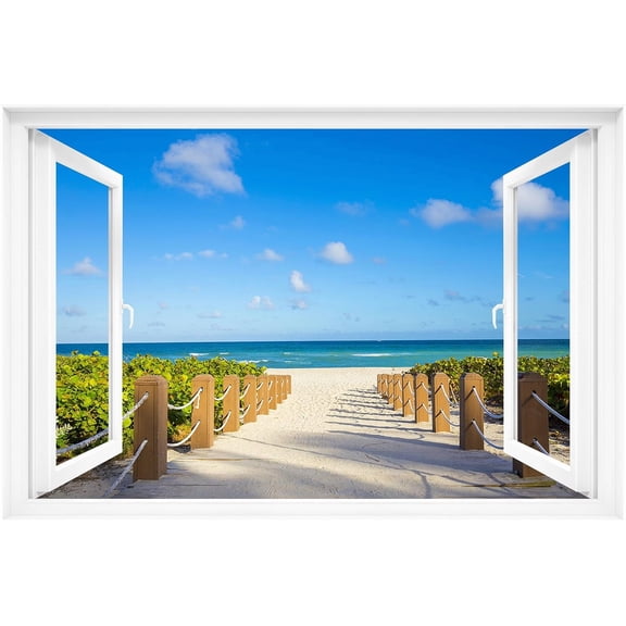 Fake Window Decal - 48"x32" Pre-Cut Vinyl Wall Art (Top & Bottom Panels) | Beach Ocean View Pathway Mural Sticker | Removable Peel & Stick Decor