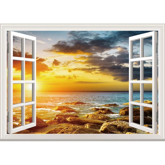 Fake Window Wall Sticker Sunset Beach Faux Window Sea Decals Poster Picture Open Window Office Wall Art Room Decor, Stick and Peel Wallpaper Nature Scenery Scene Mural (48"x 32"Set of 2 Sheets)