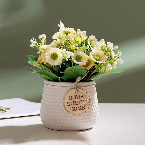 Fake Yellow Little Daisy with Pot, Little Daisy Artificial Flowers Artificial Plant in Ceramic Vase for Office Desktop Decorations (White)