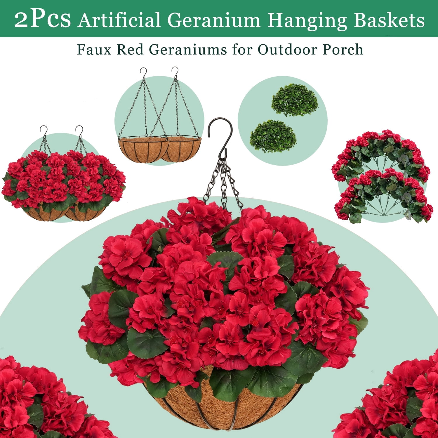2 Sets of Outdoor Artificial Geranium Flowers with Hanging Baskets, 12Pcs of Red Geranium Fake Flowers, Christmas Front Porch Garden Terrace Home Decoration (2, Red)